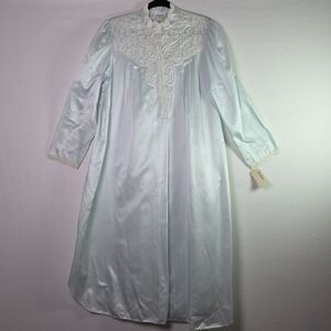 Vintage Natori Satin Lace Nightgown Robe Long Sleeve Pastel Blue Medium